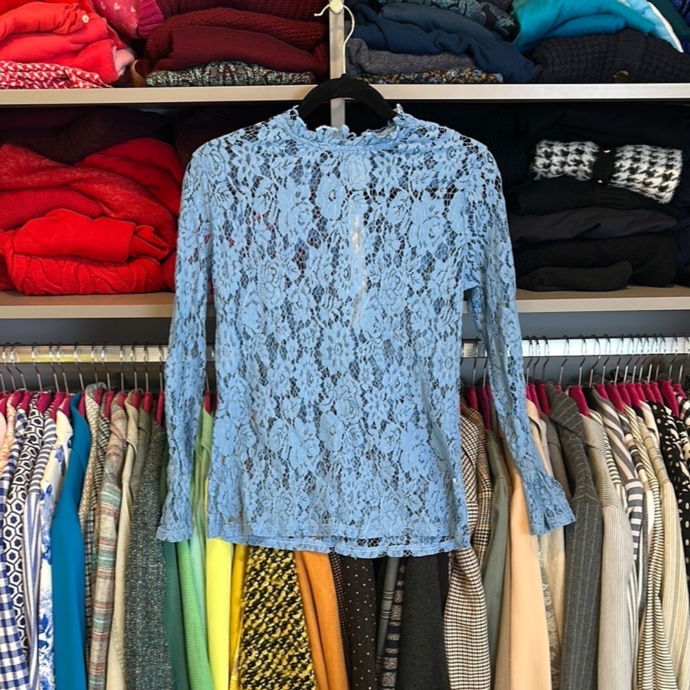 Unbranded blue long sleeve ruffle elastic collar top size S